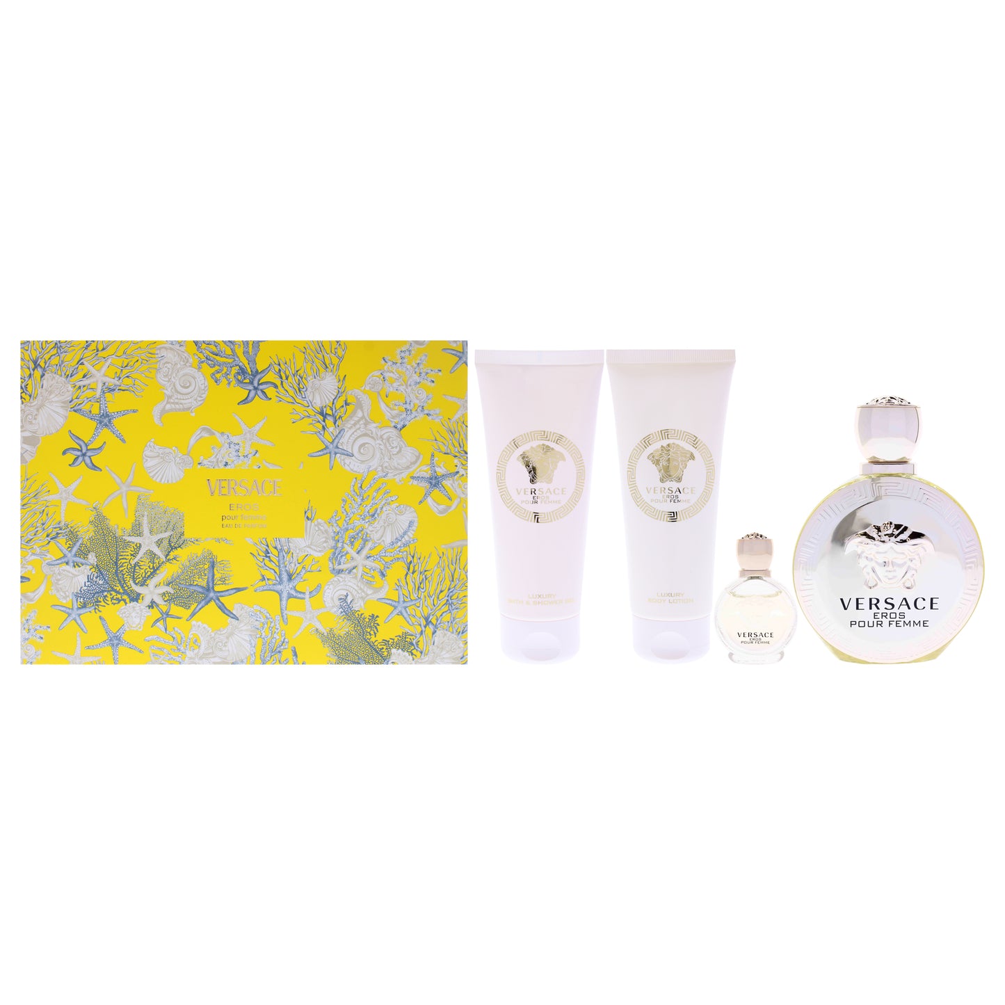 Versace Eros by Versace for Women - 4 Pc Gift Set 3.4oz EDP Spray, 0.17oz EDP Splash (Mini), 3.4oz Body Lotion, 3.4oz Bath and Shower Gel