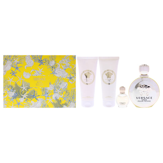 Versace Eros by Versace for Women - 4 Pc Gift Set 3.4oz EDP Spray, 0.17oz EDP Splash (Mini), 3.4oz Body Lotion, 3.4oz Bath and Shower Gel
