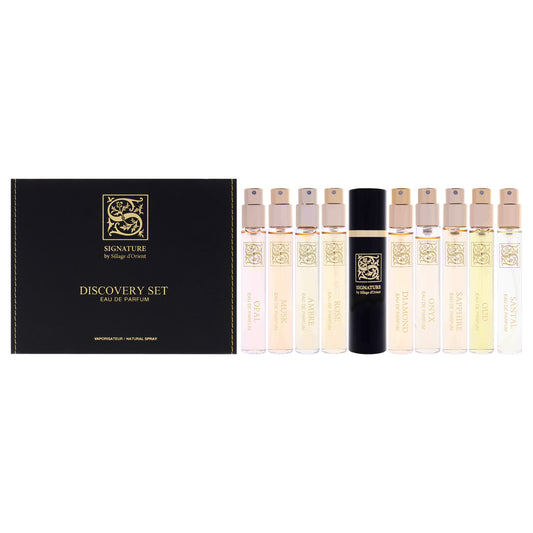 Signature Discovery Set by Sillage dOrient for Women - 10 Pc Mini Gift Set 0.34oz Sandal EDP Spray Vial (Mini), 0.34oz Saphire EDP Spray Vial (Mini), 0.34oz Musk EDP Spray Vial (Mini), 0.34oz Rose EDP Spray Vial (Mini), 0.34oz Oud EDP Spray Vial (Mini), 0